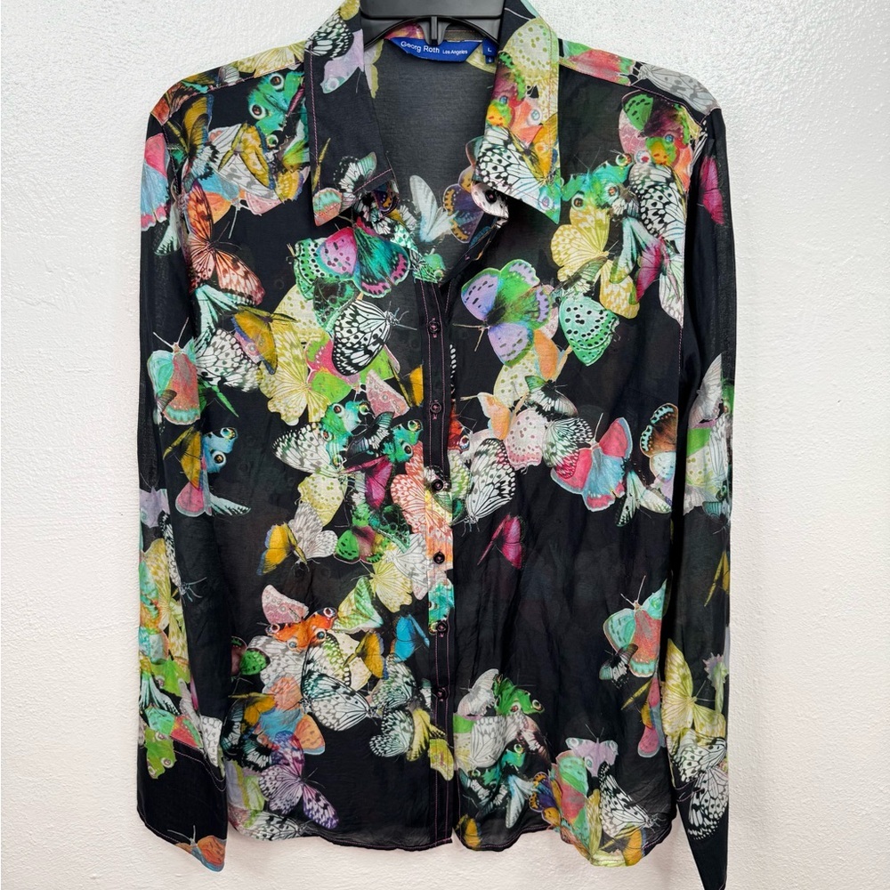 Georg Roth Los Angeles Blouse Womens L Black Butterfly Print  Semi Sheer FLAWED
